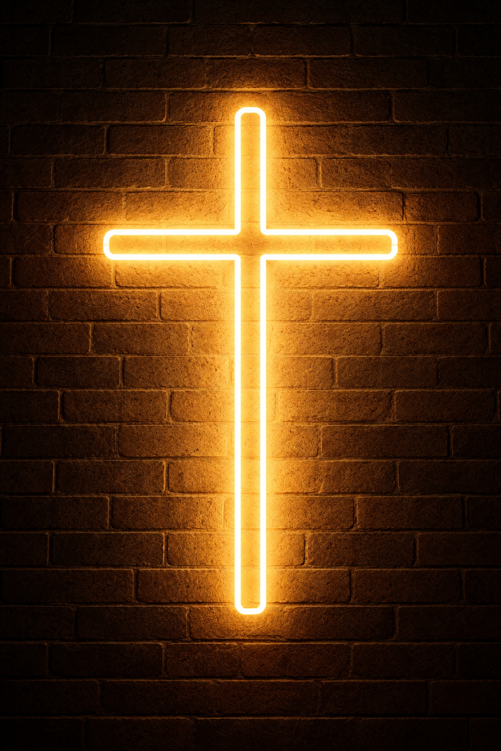 Glowing warm golden neon cross on a dark brick wall, modern contemporary church aesthetic, single neon-tube cross shape illuminating the bricks with warm amber light -- HD cross wallpaper